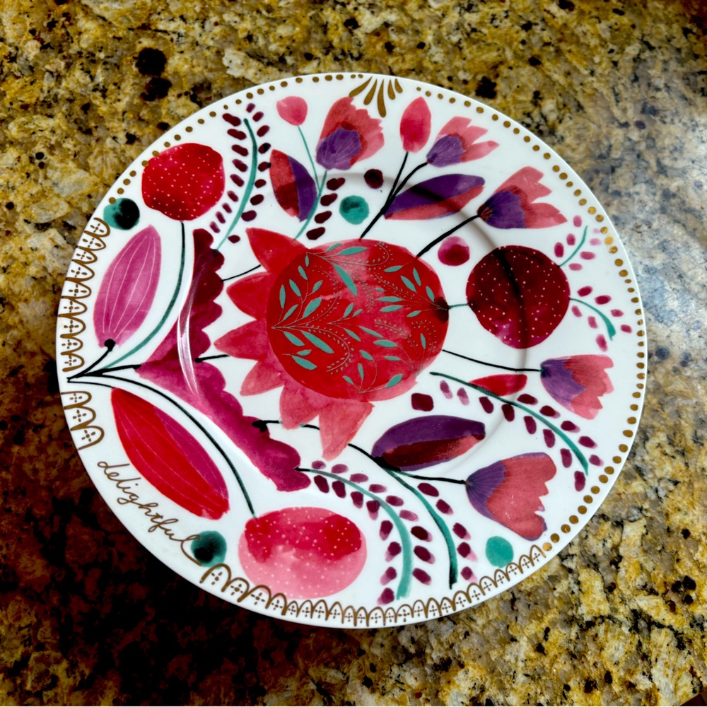 Anthropologie NEW set of 4 Scandinavian Gold and Plum Floral Side Plates